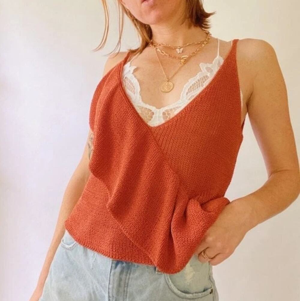 Zara Rust Orange Knit Ruffle Tank Top Western Boho Deep V-Neck Flowy S